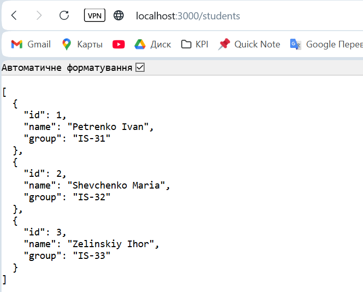 Відповідь сервера GET /students
